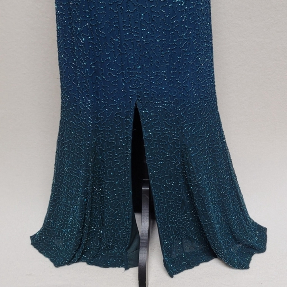 Laurence Kazar 90s Vintage Teal Ombre Beaded Silk Backless Maxi Formal Dress 8 - Picture 10 of 12